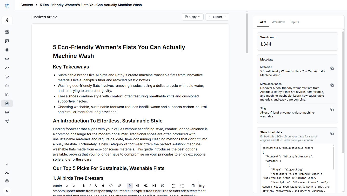 Content workflow dashboard with sources, draft generation, and AEO metadata