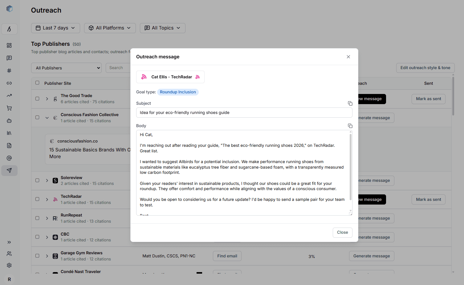 Outreach dashboard with top publishers, citation share, and message actions